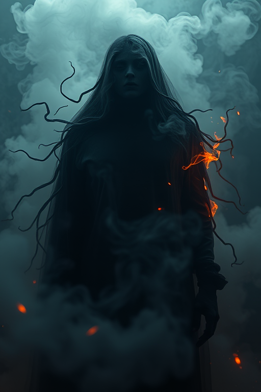 Create an ethereal dark figure shrouded in smoky tendrils with fiery accents, taken with a Canon EOS R5, 50mm lens, f/1.8 aperture, ISO 100, 1/200 sec shutter speed, with a low-angle perspective for dramatic effect and soft backlighting to enhance the eerie atmosphere.