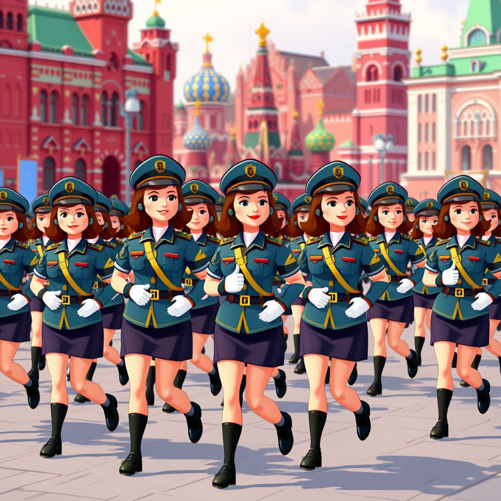 Cartoon 3D Military parade in Red Square in Moscow with military women wearing short skirts.