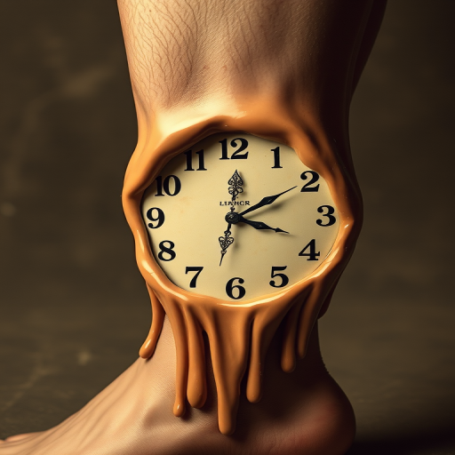 Surrealist melting clock design inspired by Salvador Dali, wrapping around calf muscle, distorted numbers and hands in muted sepia tones