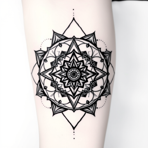 Geometric blackwork tattoo called "Sacred Geometry" showcasing intricate patterns of interconnected triangles, circles, and hexagons forming a mesmerizing mandala-like design, with bold solid black lines contrasting against negative space to create a striking visual impact, incorporating subtle dotwork shading to add depth and dimension to the piece, ideal for enthusiasts of minimalist yet powerful tattoo designs that blend mathematical precision with spiritual symbolism