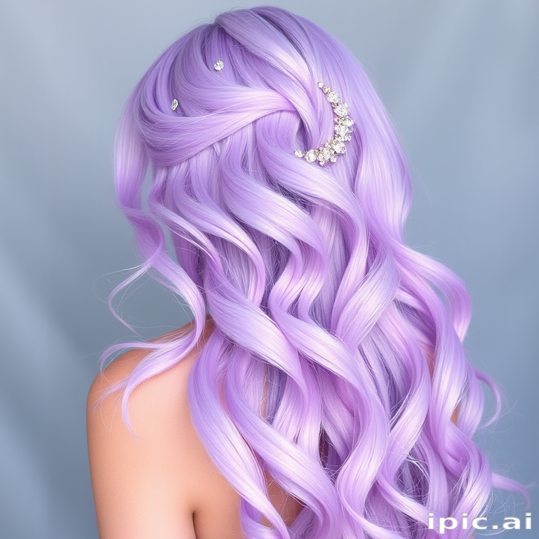 Ethereal pastel lavender mermaid waves called "Moonlit Cascade" cascading down to the waist, shimmering with iridescent undertones and adorned with delicate crystal hair pins