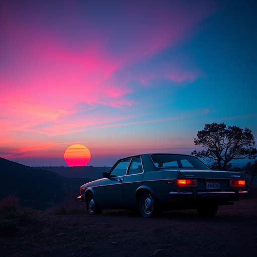 A retro car parked on a hill at sunset with a large colorful circle in the background, vibrant pink and blue hues in the sky, captured with a Nikon D850, 50mm lens, f/1.8 aperture, ISO 100, at dusk using a long exposure technique for enhanced detail and smooth colors.