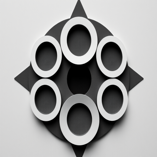 Create an abstract geometric design featuring overlapping circles and triangles in a monochromatic color scheme, captured with a Canon EOS R5 at f/8, ISO 100, 50mm lens, using a top-down view for clarity and detail.