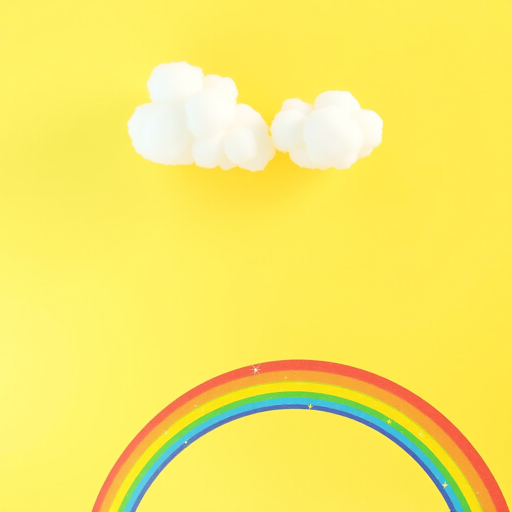 a bright yellow background with fluffy white clouds at the top and a colorful rainbow arching from the bottom left corner, decorated with sparkling stars