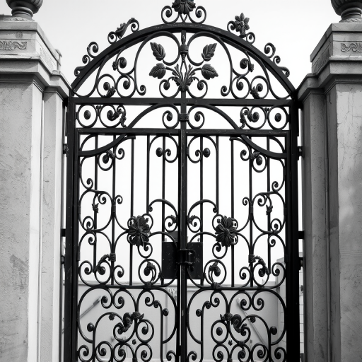 Regenerate the image of an ornate wrought iron gate with floral designs, captured from a frontal view using a DSLR camera with a 50mm lens, aperture set to f/2.8, ISO 100, and a monochrome filter applied for enhanced contrast and detail.