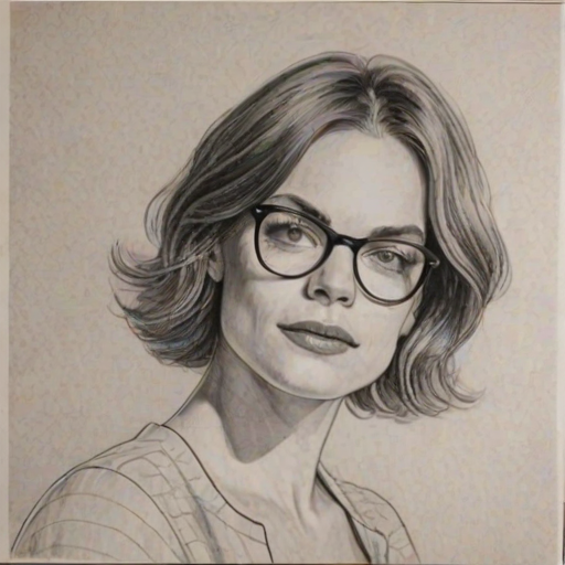 Radiant Ruth Wilson, pencil sketch, portrait of Splendid woman 1974s in glasses, hair style beatnik, outline, clear lines, fine lines, 8k