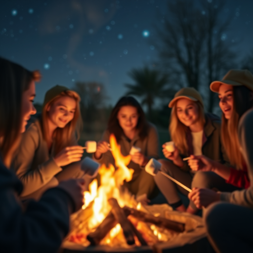 Blurry candid shot of a group of friends gathered around a campfire, roasting marshmallows and sharing stories, with soft flames illuminating their faces and a starry sky overhead.