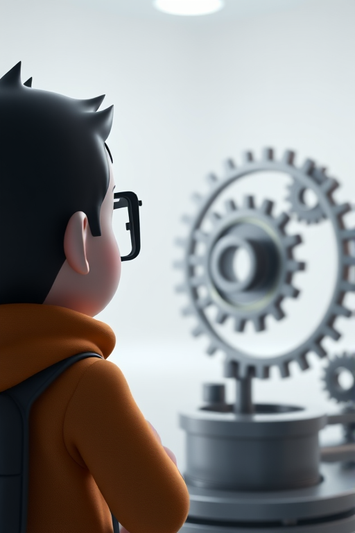 3D illustration of a character observing a set of interlocking gears in a bright, minimalist setting, aperture f/2.8, shutter speed 1/125s, ISO 100, 35mm lens, soft lighting, depth of field effect, portrait orientation.