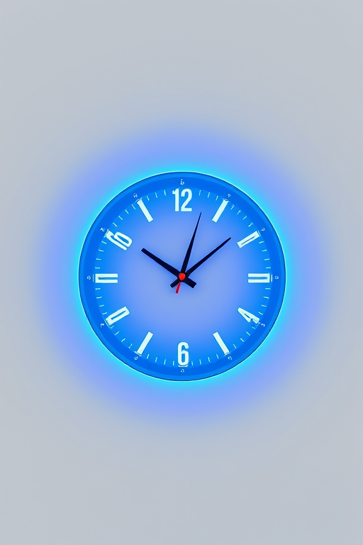 Create a modern clock design on a minimalistic background with bright blue outlines, using a 50mm lens, f/2.8 aperture, ISO 100, and front view, high-resolution digital camera style.