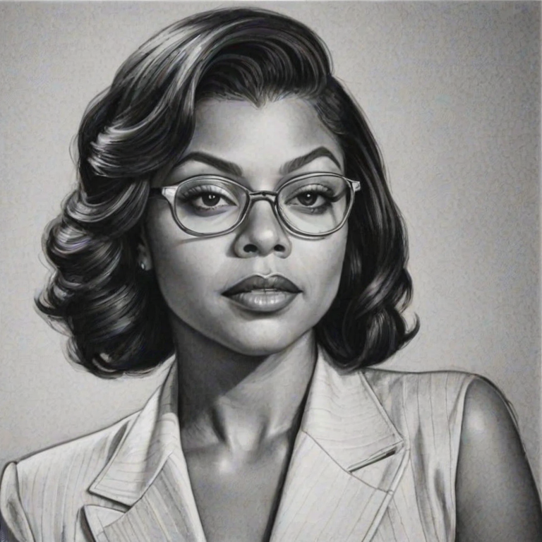 Radiant Taraji P. Henson, pencil sketch, portrait of Sublime woman 1938s in glasses, hair style beatnik, outline, clear lines, fine lines, 8k