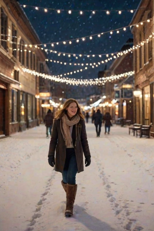 Snow-covered town square at night, string lights twinkling between buildings, a woman walks slowly through the fresh snow, her boots crunching on the frozen ground.