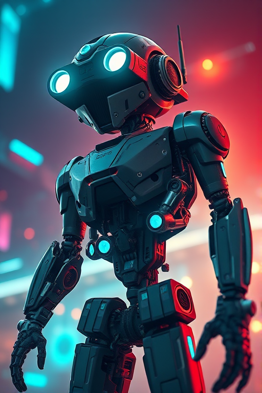Create a detailed illustration of a futuristic robot with glowing eyes and intricate mechanical parts standing against a vibrant, glowing background, captured with a Canon EOS R5, 50mm lens, f/1.8 aperture, ISO 200, in a low-angle view to emphasize its stature and details, using a cinematic style for a dramatic effect.