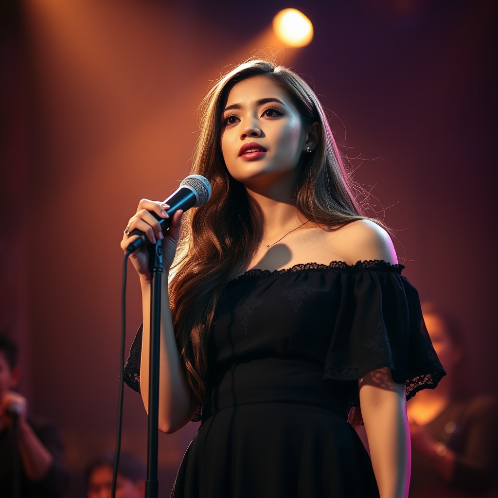 A young filipina woman with long, flowing brown hair is standing in the center of the frame, holding a microphone in her right hand, and looking slightly off to the right side of the frame. She is wearing a black, off-the-shoulder dress with delicate lace detailing. The lighting is warm and dramatic, creating a spotlight effect on the singer. There are other figures in the background, blurred and out of focus, suggesting a concert or performance setting. The camera angle is low, capturing the woman from the waist up. The overall atmosphere is intimate and captivating.