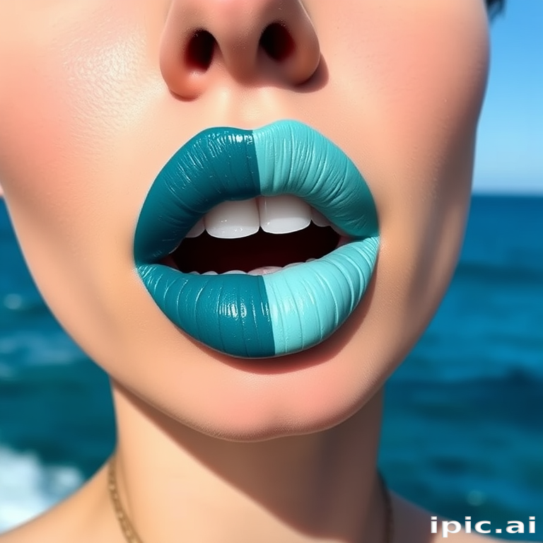 Striking two-toned lips featuring contrasting shades of teal and turquoise, expertly blended for a unique ombre effect, photographed against a complementary ocean backdrop