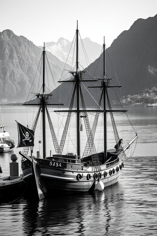 high-resolution black and white photograph of a pirate ship docked at a harbor with mountains in the background, shot with a Canon EOS R5 at f/8, ISO 100, 1/200 sec, from a wide-angle view at eye level, using natural light for enhanced contrast and depth.