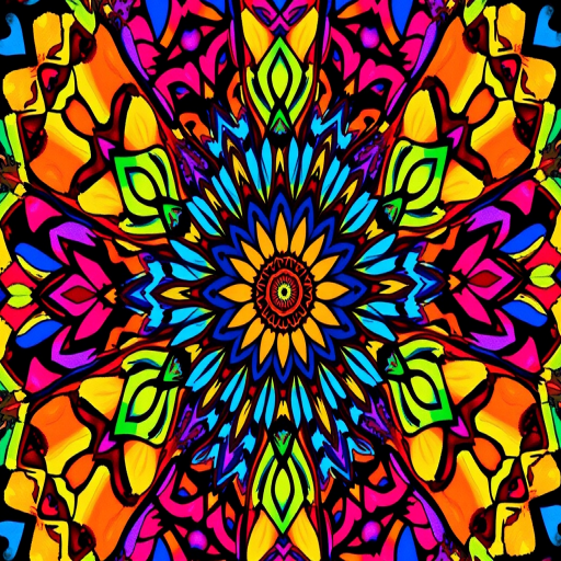 Create a vibrant and intricate mandala design with colorful floral patterns and symmetrical shapes, using a high-resolution digital camera at f/8 aperture, ISO 100, 24mm lens, and shot in soft natural lighting to enhance detail and color richness.