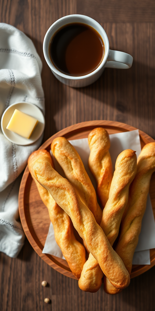 A top-down view of freshly baked breadsticks arranged on a wooden plate with butter and a cup of coffee beside them, using a Canon EOS 5D Mark IV with a 50mm f/1.8 lens at f/4, ISO 100, and 1/125s shutter speed, natural light for soft shadows.