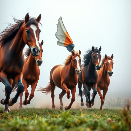 Generate a high-resolution watercolor painting of five horses running through a misty landscape, captured with a Canon EOS R5, 50mm f/1.2 lens, aperture set to f/2.8, ISO 100, at a low angle to enhance perspective and depth.