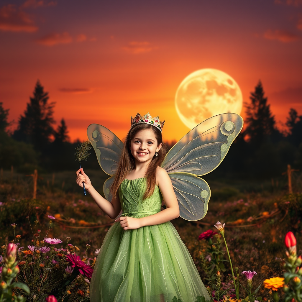 A vivid photo  taken under a bright camera flash of a fantastical scene set against a backdrop of a forest during sunset. The main subject is a girl dressed as a fairy, adorned with translucent wings and a green dress, holding a wand, her face is happy, and she wears a crown on her head. The forest behind her is a blend of flowers, shrubs and trees. The sky is painted in hues of orange and pink, with a large, glowing moon casting a warm glow over the scene. The overall color palette is dominated by earthy tones.