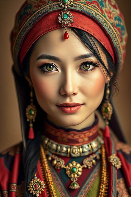 Create a portrait of a beautiful Tibetan woman with striking green eyes and a gentle expression. She is adorned in traditional attire with intricate patterns, including a richly embroidered headscarf and matching garments. Her jewelry includes a delicate headpiece, dangling earrings, and ornate bracelets, all featuring vibrant gemstones and detailed metalwork. The background is soft and warm, enhancing the rich colors of her outfit and jewelry.