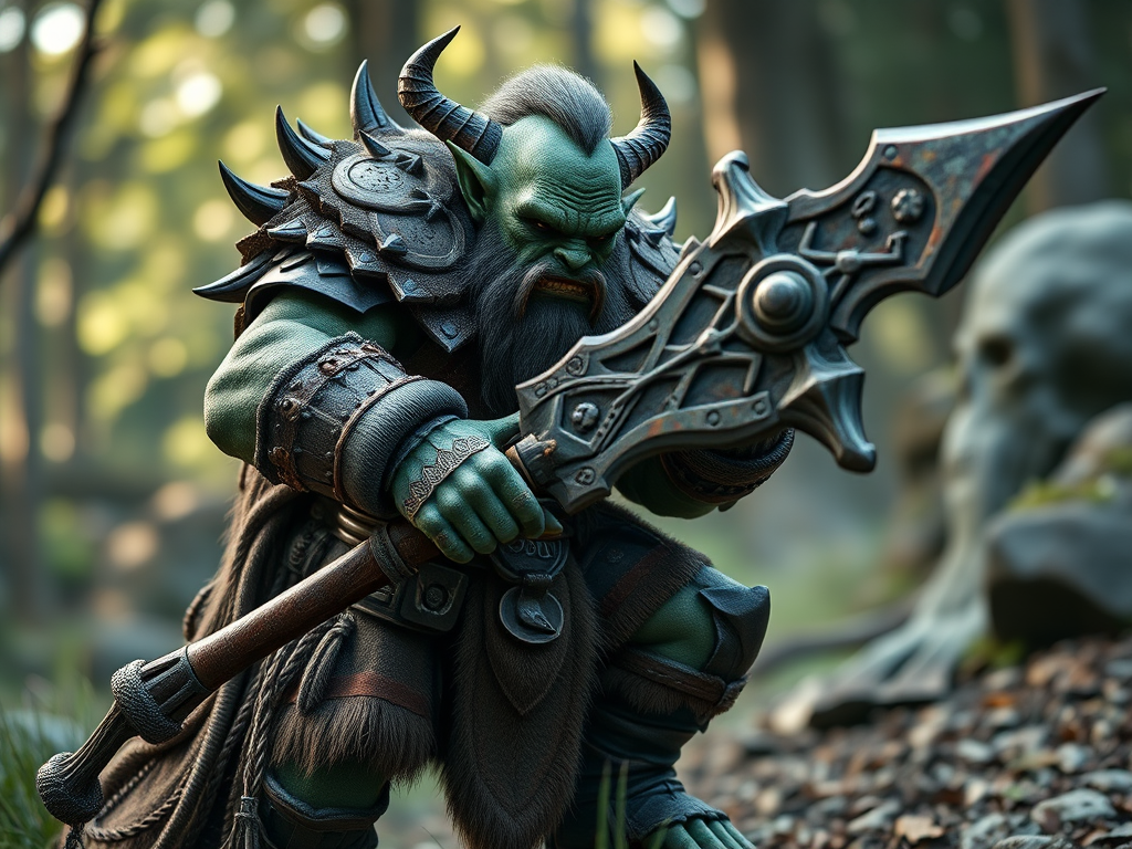 Create a high-resolution fantasy character image of an orc warrior holding a large weapon with spikes, using a 35mm lens, f/2.8 aperture, ISO 100, natural lighting, captured from a low-angle perspective to emphasize the character's stature, in a digital format.