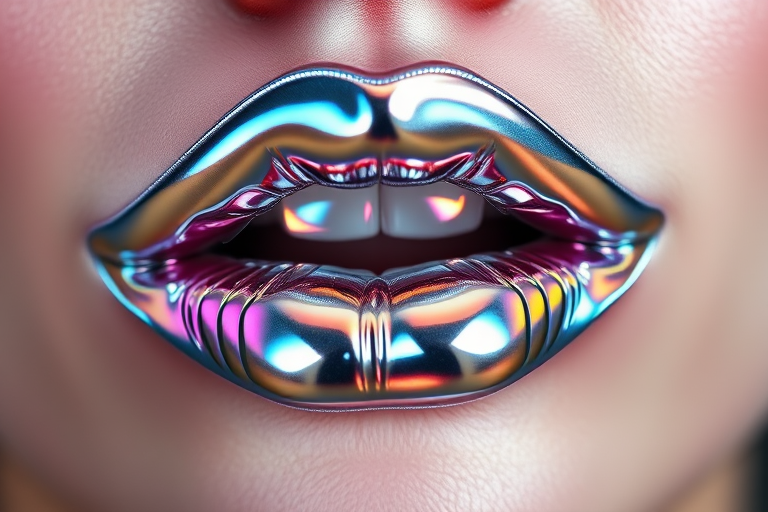 Metallic silver lips with a mirror-like finish and holographic rainbow reflects, called "Futuristic Chrome Illusion"