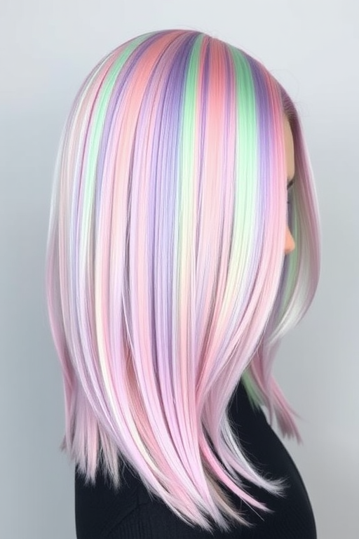 Enchanting pastel rainbow hair in a sleek long bob, designed by Iris Spectrum, displaying a seamless blend of soft pink, lavender, mint green, and baby blue hues with a glass-like shine