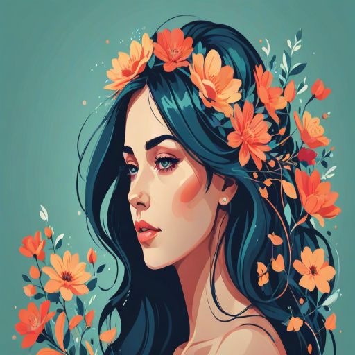 Use modern vector graphics flat design art with vibrant colors with a limited color pallete and simple shapes to create an illustration of a woman wearing flowers in her hair looking at the viewe