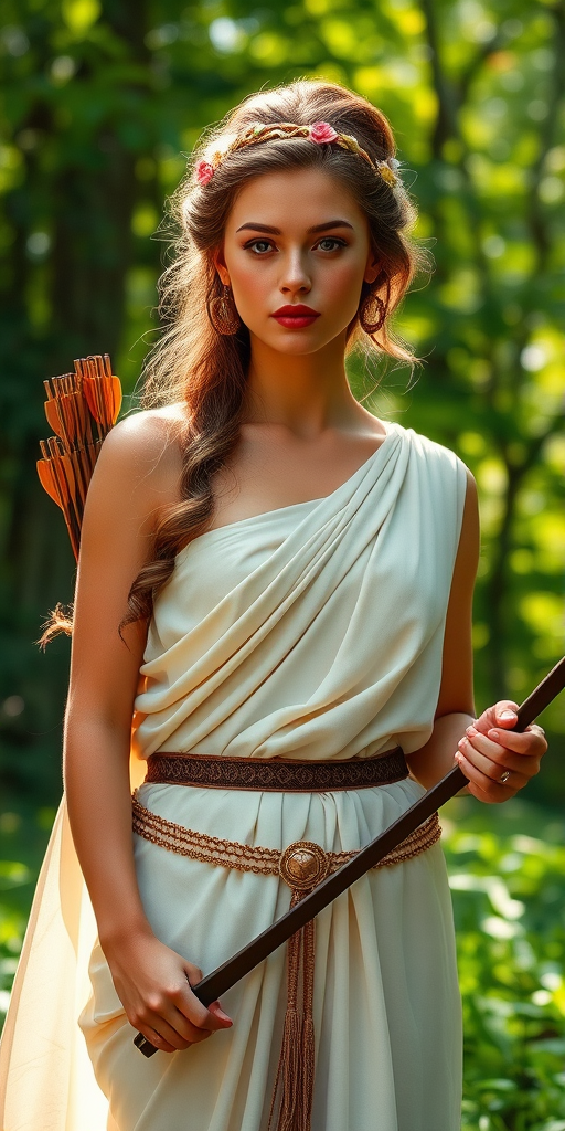 Create a portrait of a goddess-like female figure in a tranquil, forested environment. She has an elegant appearance with long, wavy hair styled in an updo and adorned with a delicate, floral headband. She wears a flowing, ancient Greek-inspired gown in a soft, pale color, featuring a one-shoulder design and draped fabric that accentuates her graceful form. The outfit includes a decorative belt with ornate gold detailing, and she holds a bow in her hand, with a quiver of arrows slung over her shoulder. The background depicts lush greenery, with sunlight filtering through the trees, casting a gentle, ethereal light on the scene. Her expression is calm and contemplative, embodying a sense of wisdom and serenity.