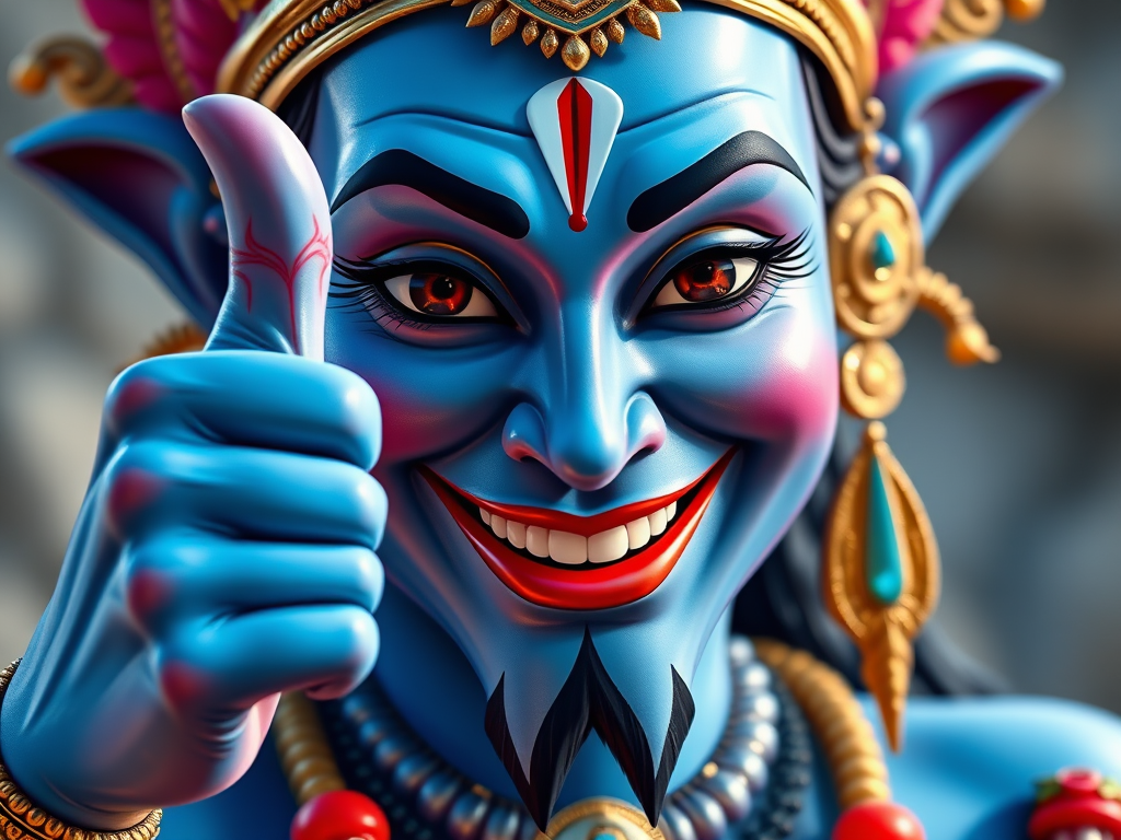 Create a vibrant digital illustration of a smiling blue-skinned deity giving a thumbs up, depicting intricate details in the jewelry and facial features, use a Canon EOS 5D Mark IV camera, 50mm lens, f/2.8 aperture, 1/125 shutter speed, natural lighting for enhanced clarity and richness of color.