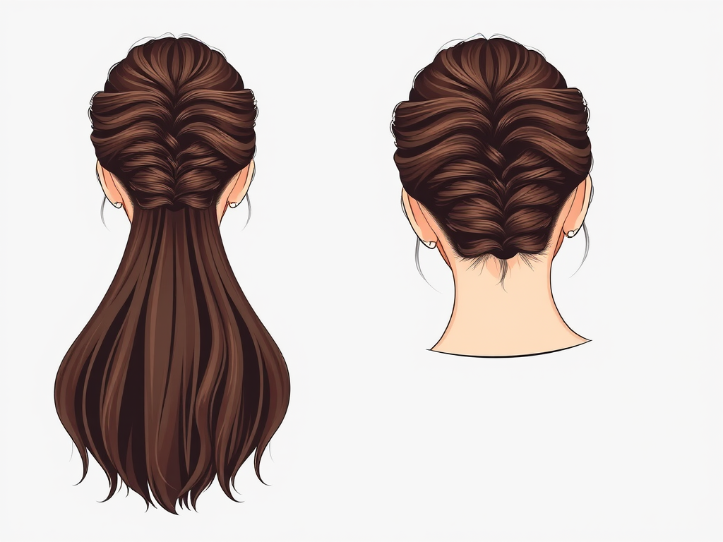 Regenerate an illustration of a woman's hairstyle, showcasing a detailed braided updo from a rear view, using a Canon EOS R5 camera, aperture of f/2.8, shutter speed of 1/125s, ISO 100, natural soft lighting, and a minimalistic gray background for enhanced image quality.