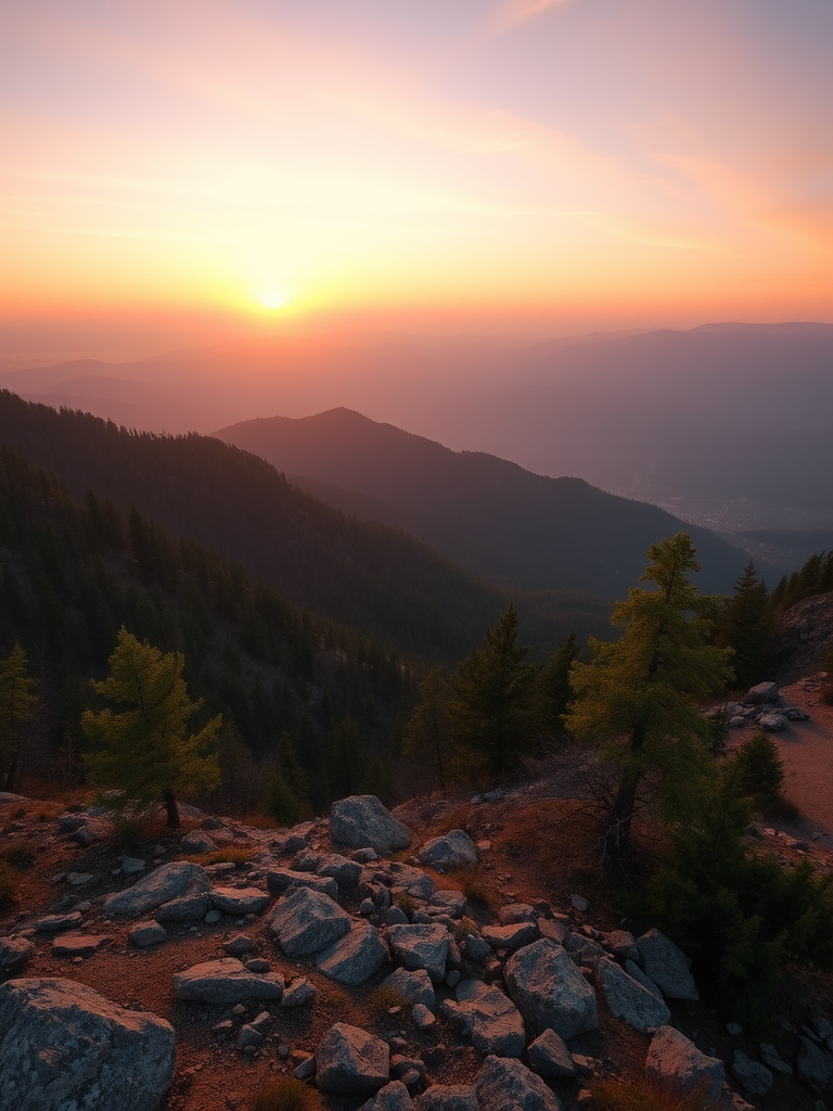 Create a high-resolution image of a serene mountain landscape during sunrise with soft pastel colors, wide-angle lens at f/11, ISO 100, shutter speed 1/60 sec, using a DSLR camera.