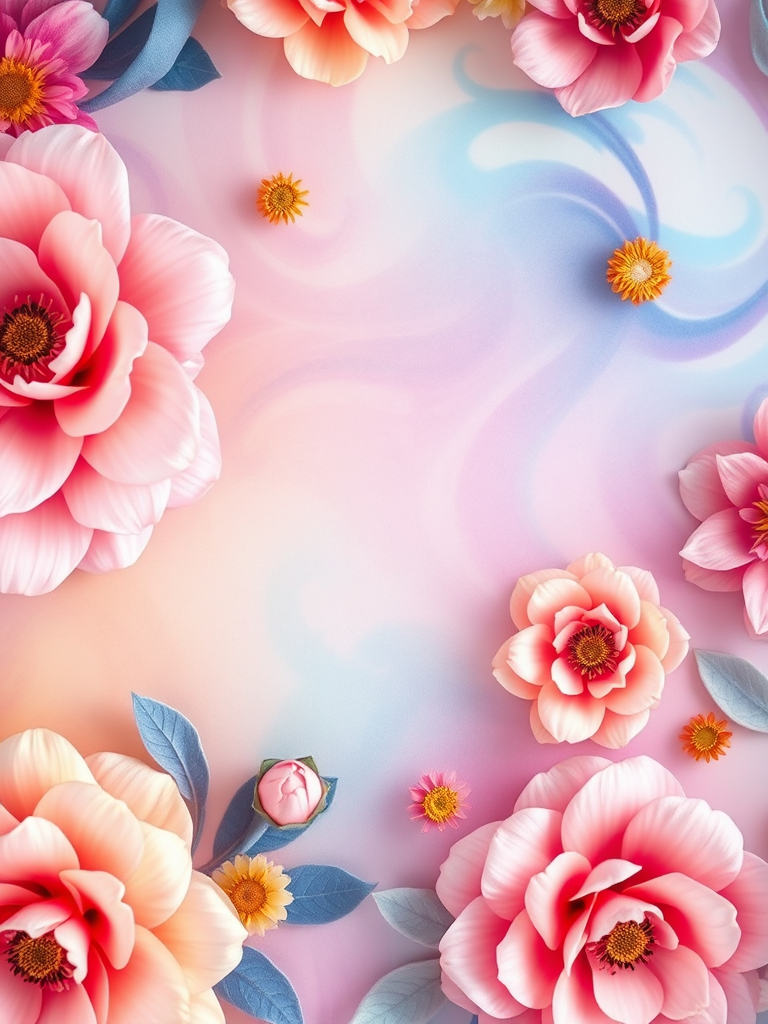 Create a vibrant floral background with intricate swirls and soft gradients, focusing on pastel colors and enhancing details with a DSLR camera set to f/2.8 aperture, 65mm focal length, and 1/125 sec shutter speed, capturing a soft focus style from a top-down view.