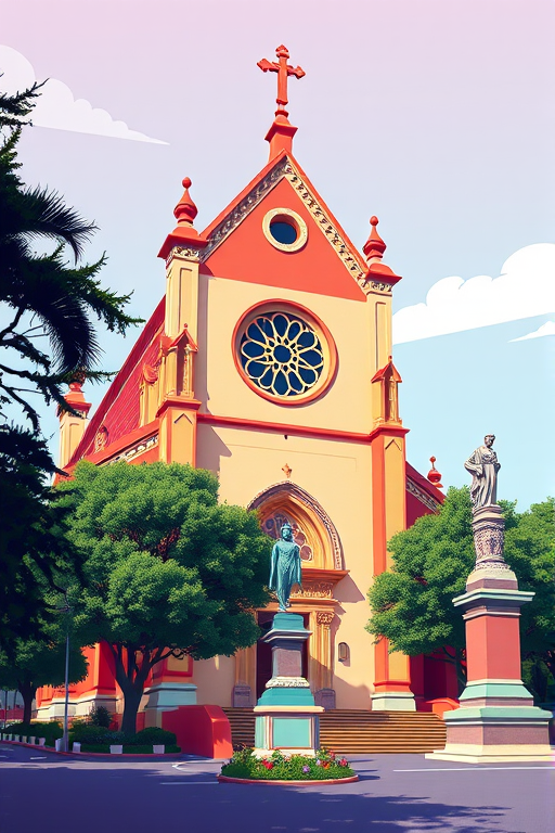 Create an enhanced digital illustration of a stylized architecture scene featuring a church with a rose window, surrounded by trees and a statue, using a vibrant color palette and geometric shapes, captured with a Canon EOS R5 at f/8, ISO 100, 24mm lens, with a wide-angle view and high contrast lighting to emphasize details.