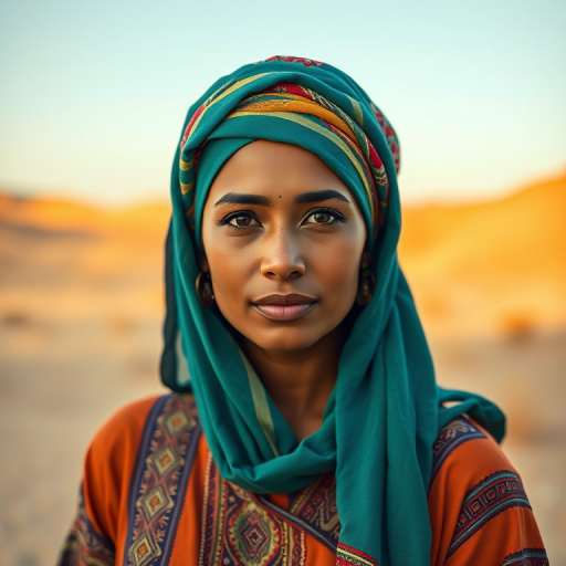Portrait of a woman wearing traditional attire with a vibrant head wrap against a desert backdrop, 85mm lens, f/1.8 aperture, ISO 100, natural light, shallow depth of field, DSLR camera, warm color grading.