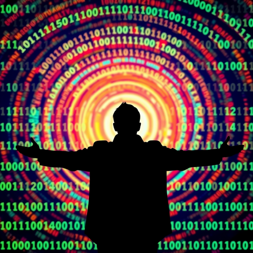 Create an abstract digital art image featuring a silhouette of a person with arms outstretched against a background of swirling binary code, using a Canon EOS R5 with an aperture of f/8, ISO 100, and a 24mm lens for a sharp and detailed view, in a vibrant and futuristic color palette.