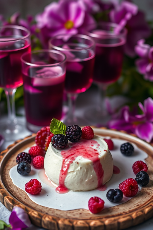 A close-up shot of a creamy dessert on a rustic plate, garnished with mixed berries, surrounded by purple drinks in elegant glasses and vibrant flowers, with soft diffused lighting, aperture f/2.8, ISO 100, 50mm lens, shot with a DSLR camera.
