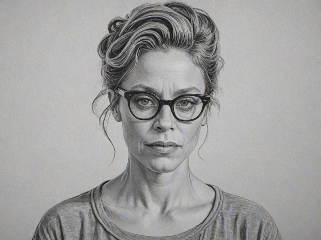Sublime Frances McDormand, pencil sketch, portrait of Stunning woman 1956s in glasses, hair style beatnik, outline, clear lines, fine lines, 8k