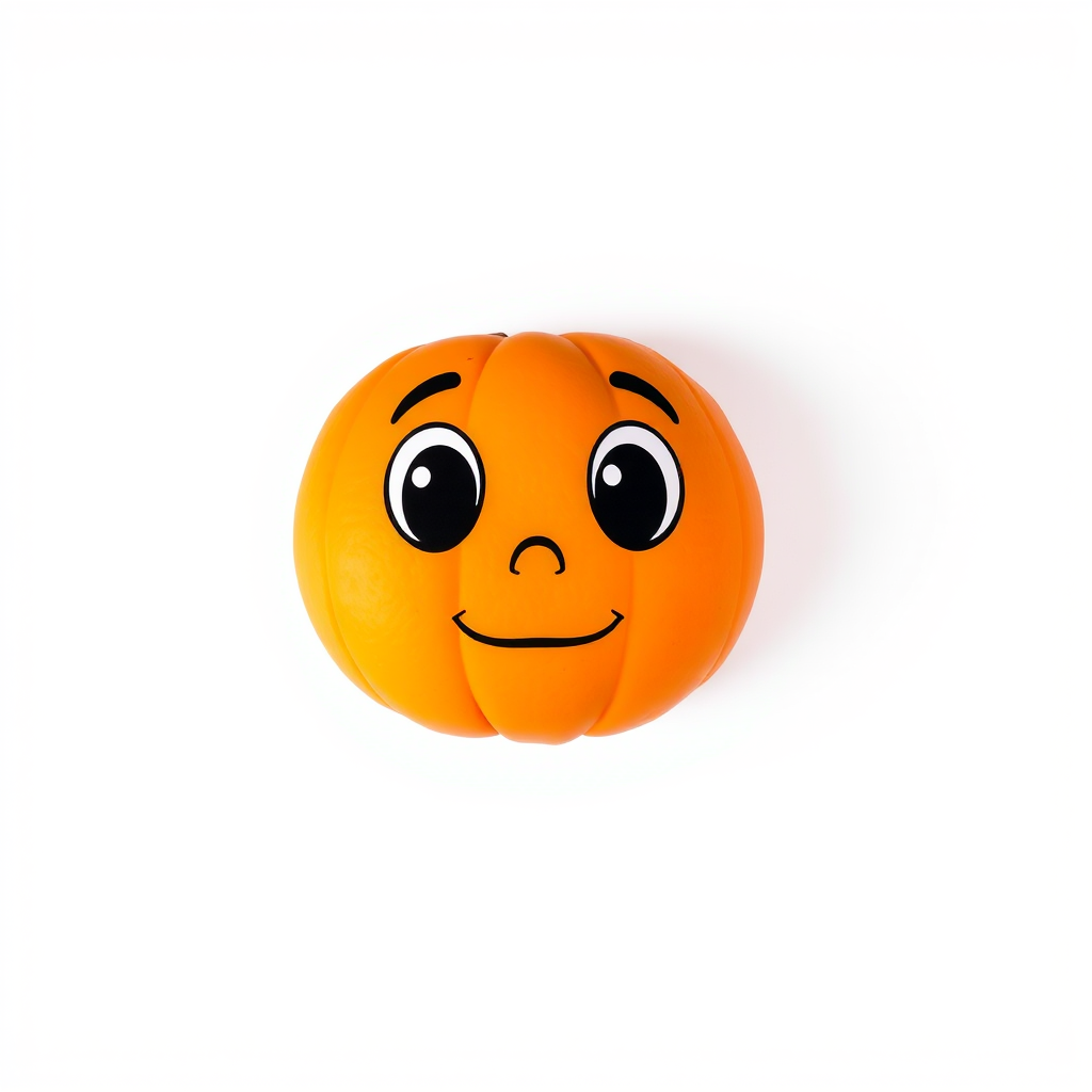Create a simple, cartoonish orange face with a neutral expression, wide black eyes, and a straight mouth on a white background, shot with a DSLR camera at f/2.8, 50mm lens, 1/100s shutter speed, and natural lighting for vibrant colors and smooth gradients.