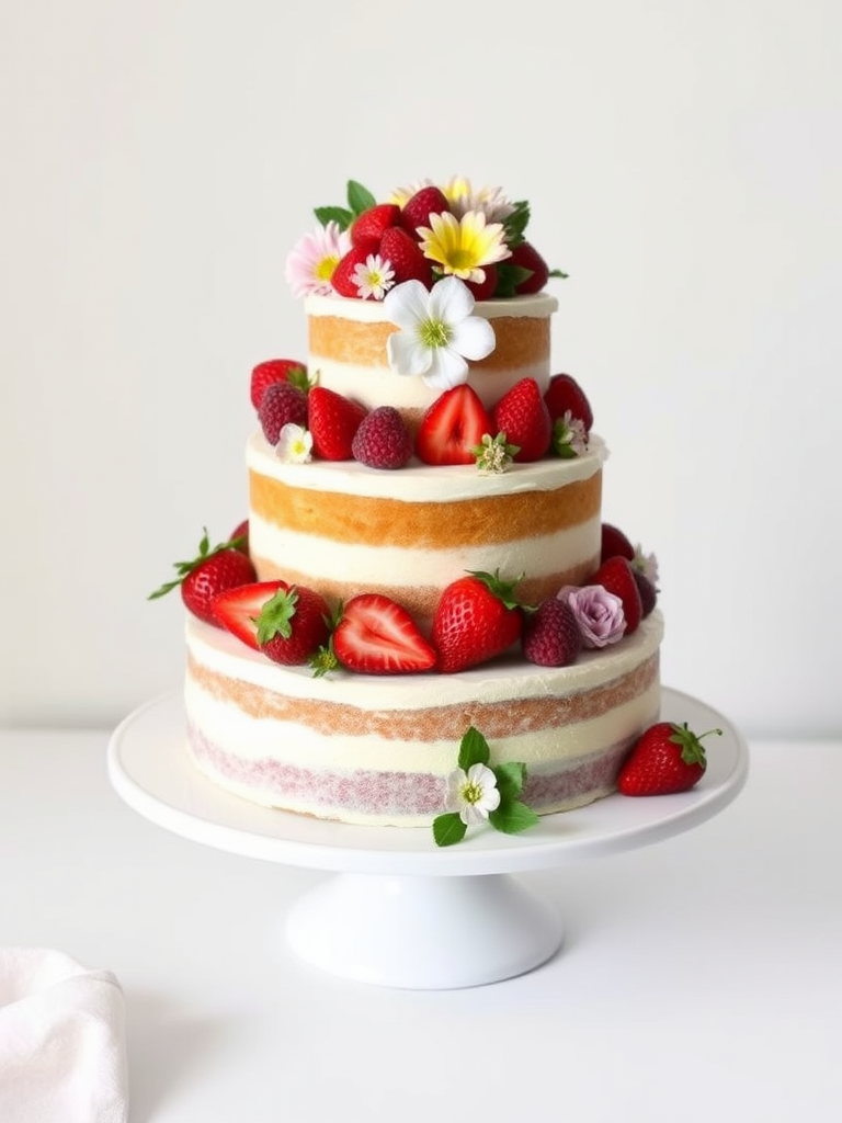 Three tiered cake decorated with fresh strawberries raspberries and edible flowers placed on a white serving plate against a light background