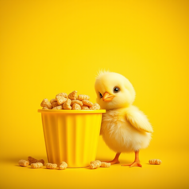 a cute cartoon chick standing next to a large yellow container of snacks, vibrant yellow background, soft lighting, DSLR camera, f/2.8 aperture, 50mm lens, ISO 100, shallow depth of field, focus on the chick and snacks