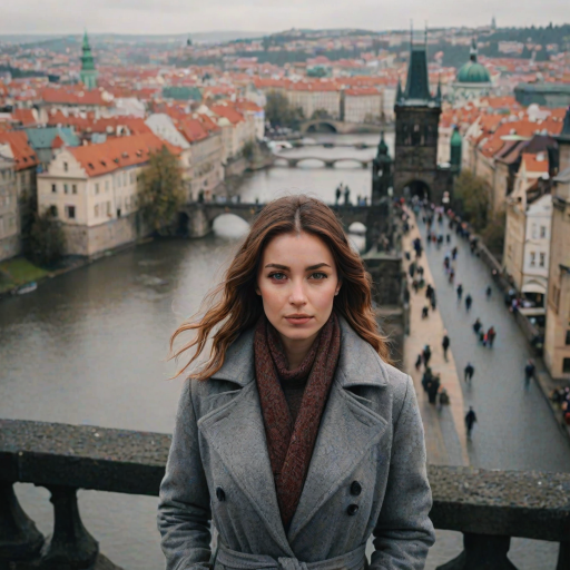 cinematic photo from above, waist up shot, sharp focus, a beautiful woman in foreground, in Prague, at the Charles Bridge, river in background, overcast rainy day, wearing long grey wool coat, warm rich color palette