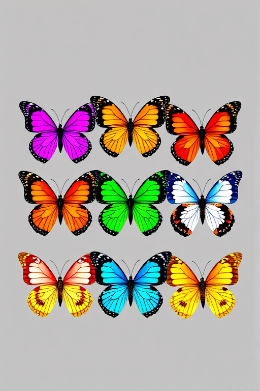 Generate an image of a grid of nine butterflies. Arrange three rows with three butterflies each. The butterflies should be in various colors: purple, pink, orange, green, blue, white, red, and yellow. Each butterfly should have distinct designs and patterns on their wings, showcasing a vibrant and colorful appearance.