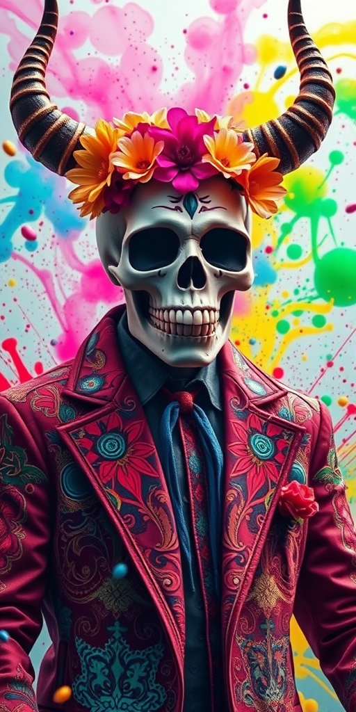 Create a vibrant and colorful artwork of a skull-faced figure with large horns adorned with flowers, wearing a flamboyant jacket with intricate patterns and surrounded by colorful splashes, captured with a DSLR camera at ISO 100, f/2.8, 50mm lens, shot from a low angle for dramatic effect.