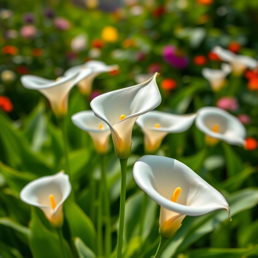 Close-up of blooming calla lilies in a lush green garden, aperture f/2.8, shutter speed 1/200 sec, ISO 100, 50mm lens, soft focus background, vibrant colors, natural light.
