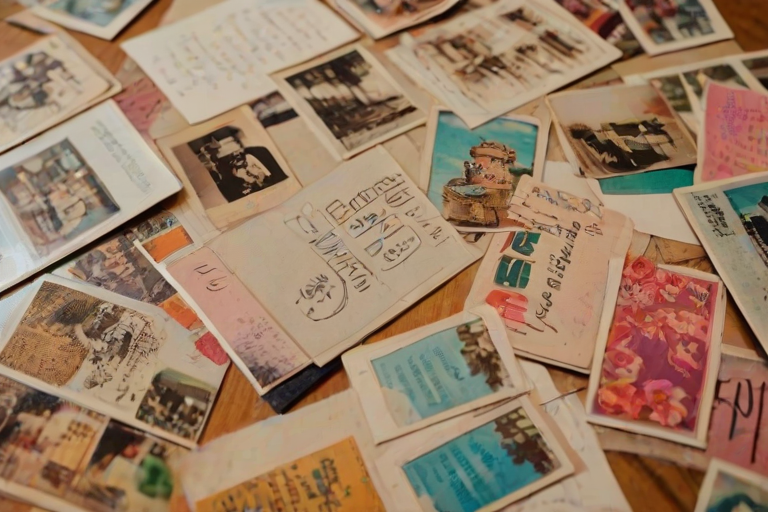 Close-up of a collection of vintage postcards spread out on a table, soft light illuminating the colorful designs and handwritten messages.