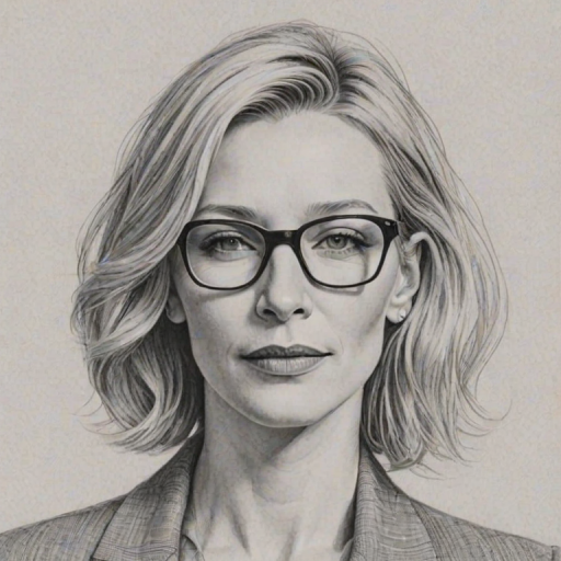 Beautiful Cate Blanchett, pencil sketch, portrait of beautiful woman 60s in glasses, hair style beatnik, outline, clear lines, fine lines, 8k