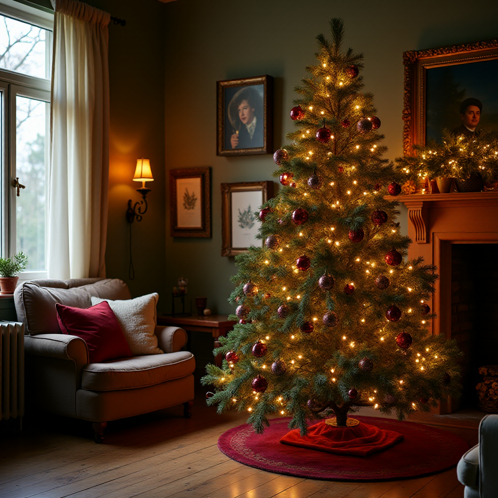 a vintage christmas tree in a cozy room