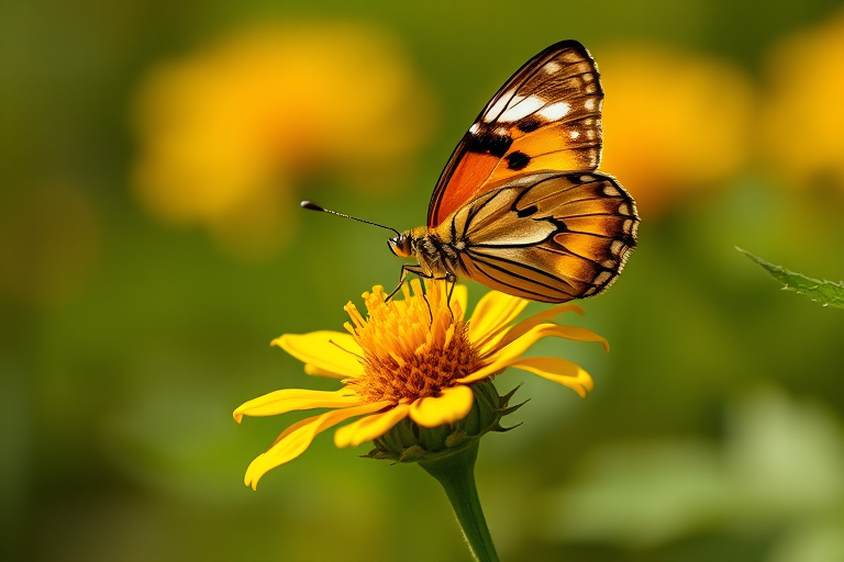 macro shot of a butterfly perched on a yellow flower with a blurred background, DSLR camera, 50mm lens, aperture f/2.8, ISO 200, shutter speed 1/500s, natural light, high-resolution image