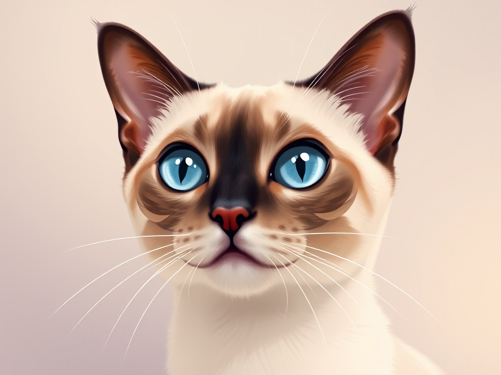 Create a high-resolution digital illustration of a Siamese cat with striking blue eyes, using a soft gradient background, at 300 DPI, in a close-up perspective, with a clean vector style, simulating a DSLR camera with a 50mm lens and f/1.8 aperture for depth of field.